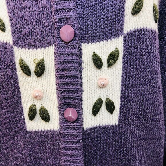 Vtg Yessica Purple Wool Angora Acrylic Blend Flowers Cardigan Med Grammacore - Picture 6 of 12